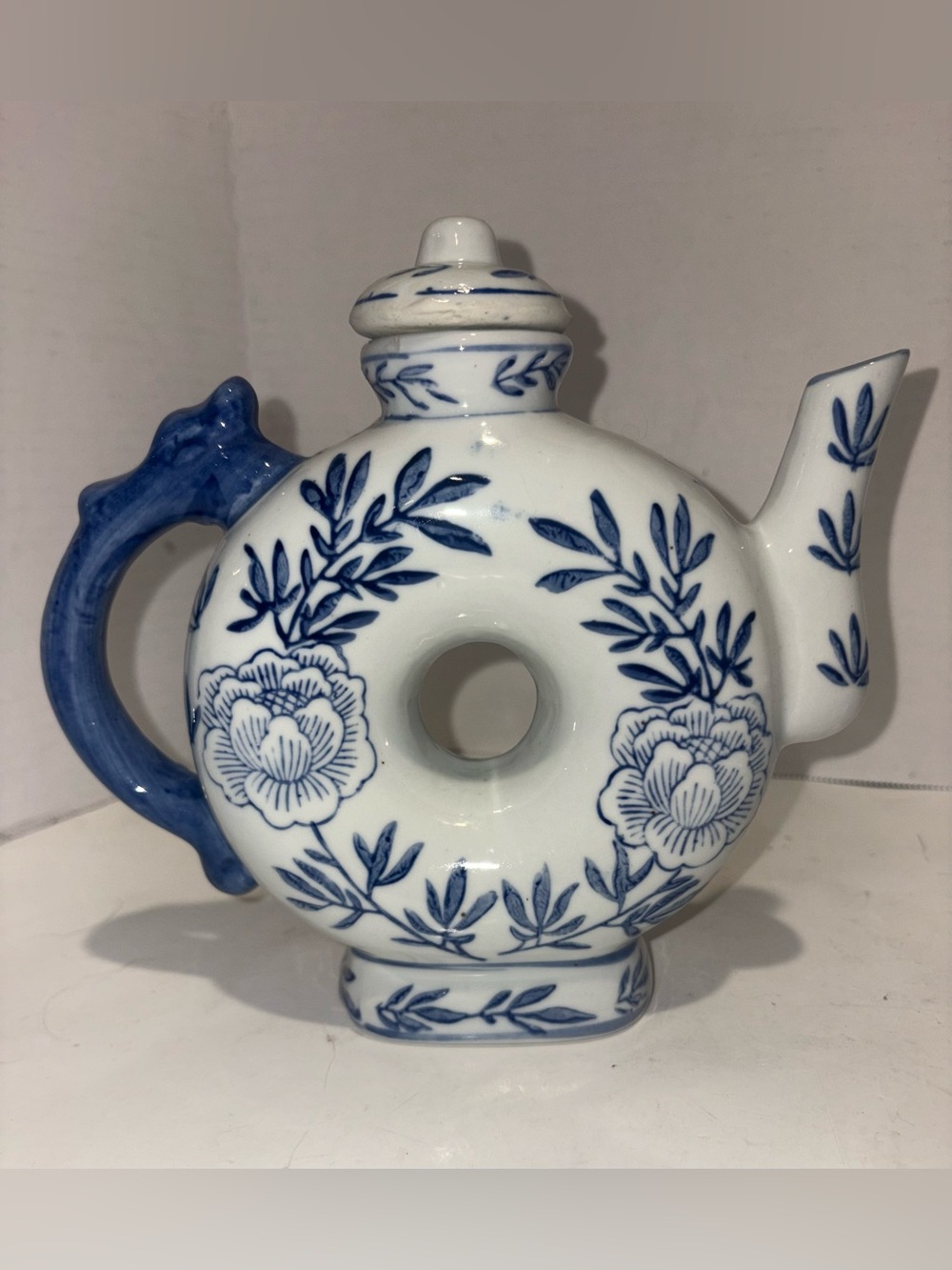 Blue & White Floral Donut Ceramic Teapot - Classic Home Art Accent